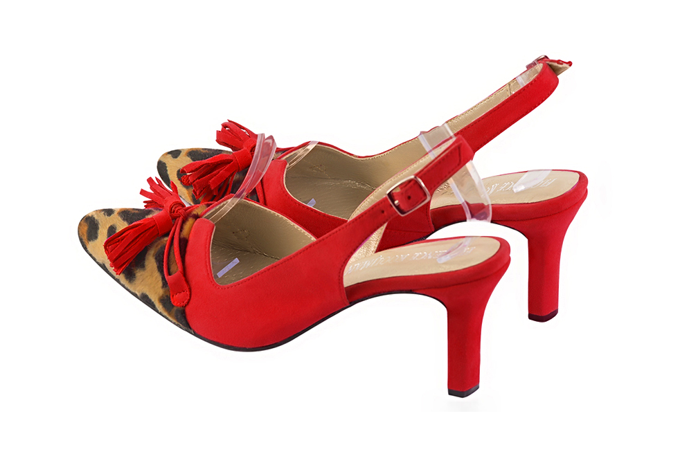 Safari black and scarlet red women's open back shoes, with a knot. Tapered toe. High slim heel - Florence KOOIJMAN